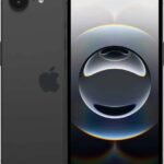 Black iPhone shown from back and front, displaying a rainbow bubble wallpaper on the screen and the Apple logo on the back surface.