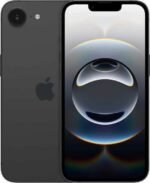 Black iPhone shown from back and front, displaying a rainbow bubble wallpaper on the screen and the Apple logo on the back surface.