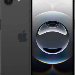 Black iPhone shown from back and front, displaying a rainbow bubble wallpaper on the screen and the Apple logo on the back surface.