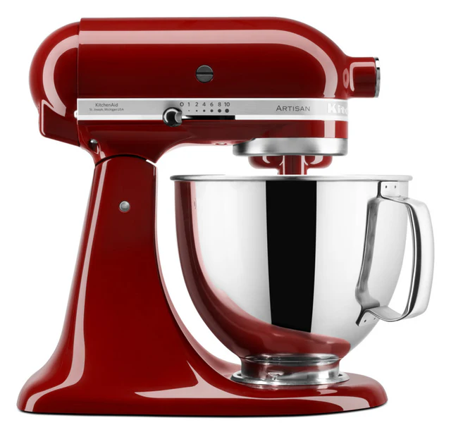 1699 - Radau Viska Red KitchenAid Artisan stand mixer with a shiny stainless steel mixing bowl and tilt-head design.