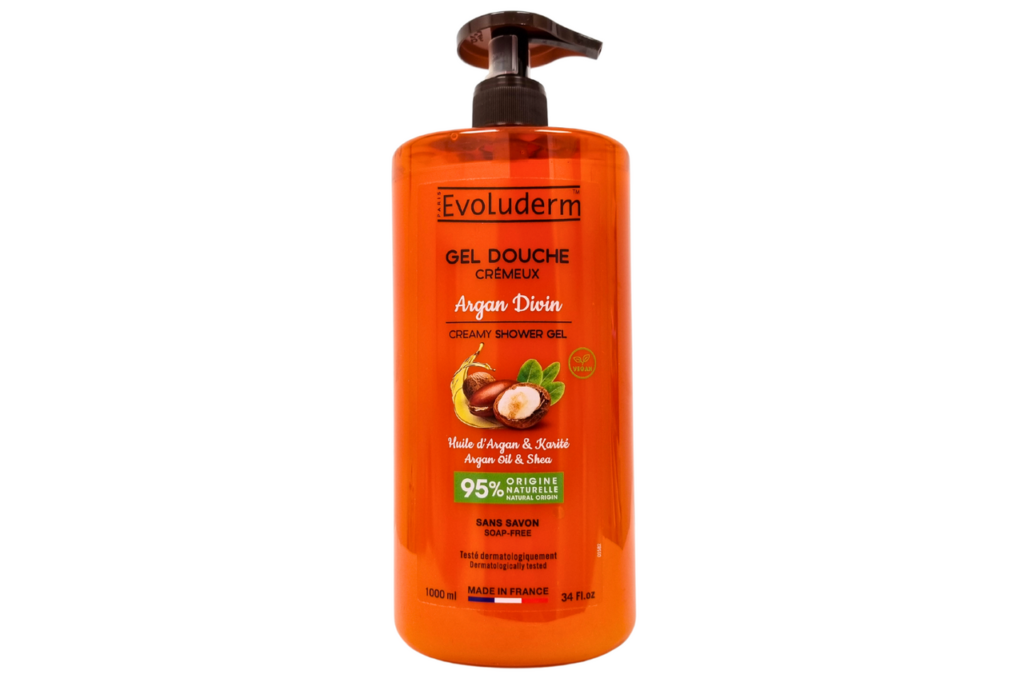 Orange Evoluderm Argan Divin creamy shower gel bottle with pump