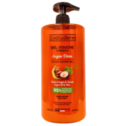 Orange Evoluderm Argan Divin creamy shower gel bottle with pump