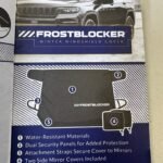 Packaging for FrostBlocker Winter Windshield Cover featuring a silver SUV and a Universal Fit label