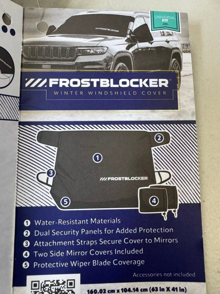 Packaging for FrostBlocker Winter Windshield Cover featuring a silver SUV and a Universal Fit label