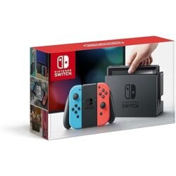 Nintendo Switch boxed set showing the console with neon blue and red Joy-Con controllers and a docking station