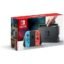 Nintendo Switch boxed set showing the console with neon blue and red Joy-Con controllers and a docking station