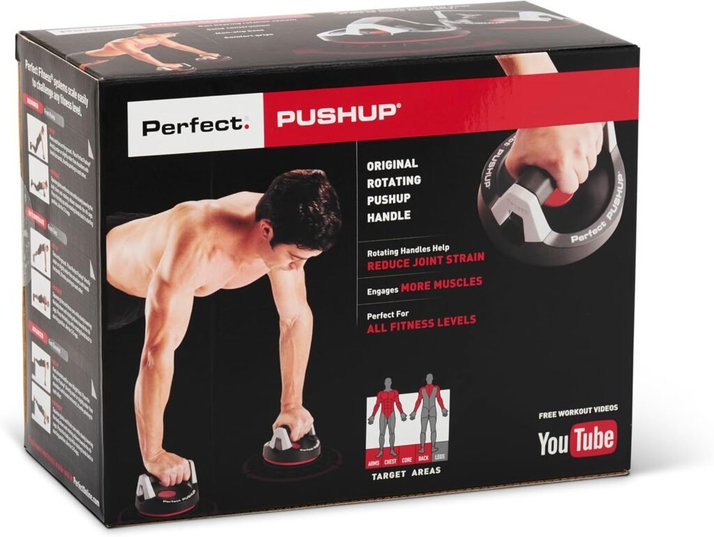 Box for Perfect Pushup rotating handles; man in pushup position demonstrates the product. The black/red packaging features text about rotating handles and YouTube branding on the side.