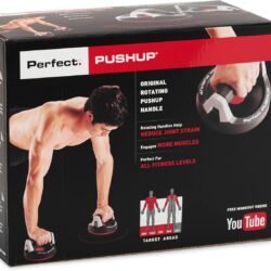 Box for Perfect Pushup rotating handles; man in pushup position demonstrates the product. The black/red packaging features text about rotating handles and YouTube branding on the side.