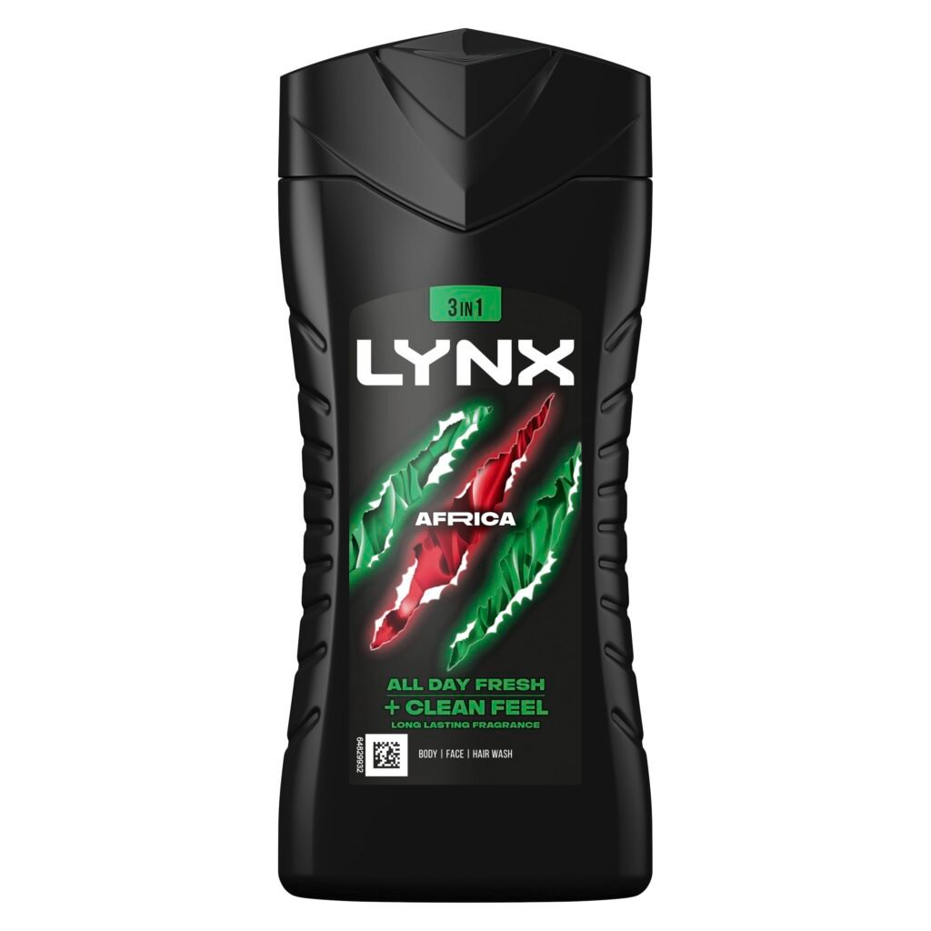 Lynx Africa 3-in-1 body wash bottle, black with green and red claw-mark graphic and bold Lynx branding on the front.