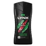 Lynx Africa 3-in-1 body wash bottle, black with green and red claw-mark graphic and bold Lynx branding on the front.