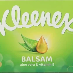 Kleenex Balsam tissue box in green gradient with aloe vera leaf and drop illustration, highlighting aloe vera & vitamin E; 100% recyclable label visible.