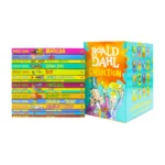 Bright Roald Dahl book collection with colorful spines lined up next to a teal box labeled 'Roald Dahl Collection' with illustrated characters on the cover box, 16 stories included