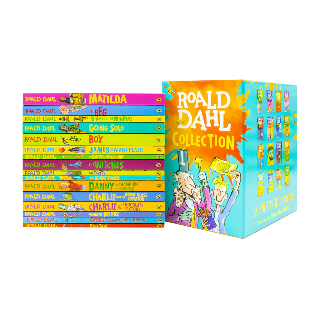 9780241377291RoaldDahl16Book-5_1024x - Radau Viska Bright Roald Dahl book collection with colorful spines lined up next to a teal box labeled 'Roald Dahl Collection' with illustrated characters on the cover box, 16 stories included