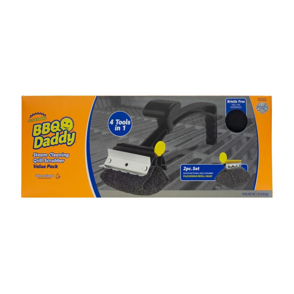 BBQ Daddy grill scrubber set packaging on an orange box with a blue '4 Tools in 1' label.