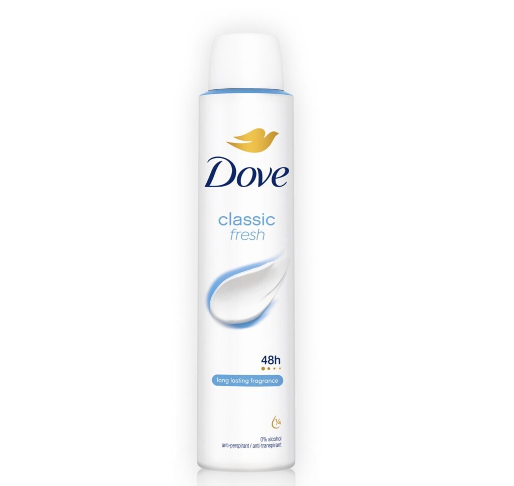 Dove spray antiperspirant bottle with blue 'classic fresh' label and gold dove logo (white can)