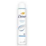 Dove spray antiperspirant bottle with blue 'classic fresh' label and gold dove logo (white can)