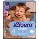 Box of Libero Comfort size 4 baby diapers (7–12 kg) with a smiling baby in the background (37 pcs).