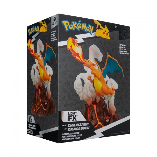 PKW3173_1 - Radau Viska Front view of a Pokémon Light FX Charizard Deluxe Figure box, showing Charizard perched on a rocky base with flames.