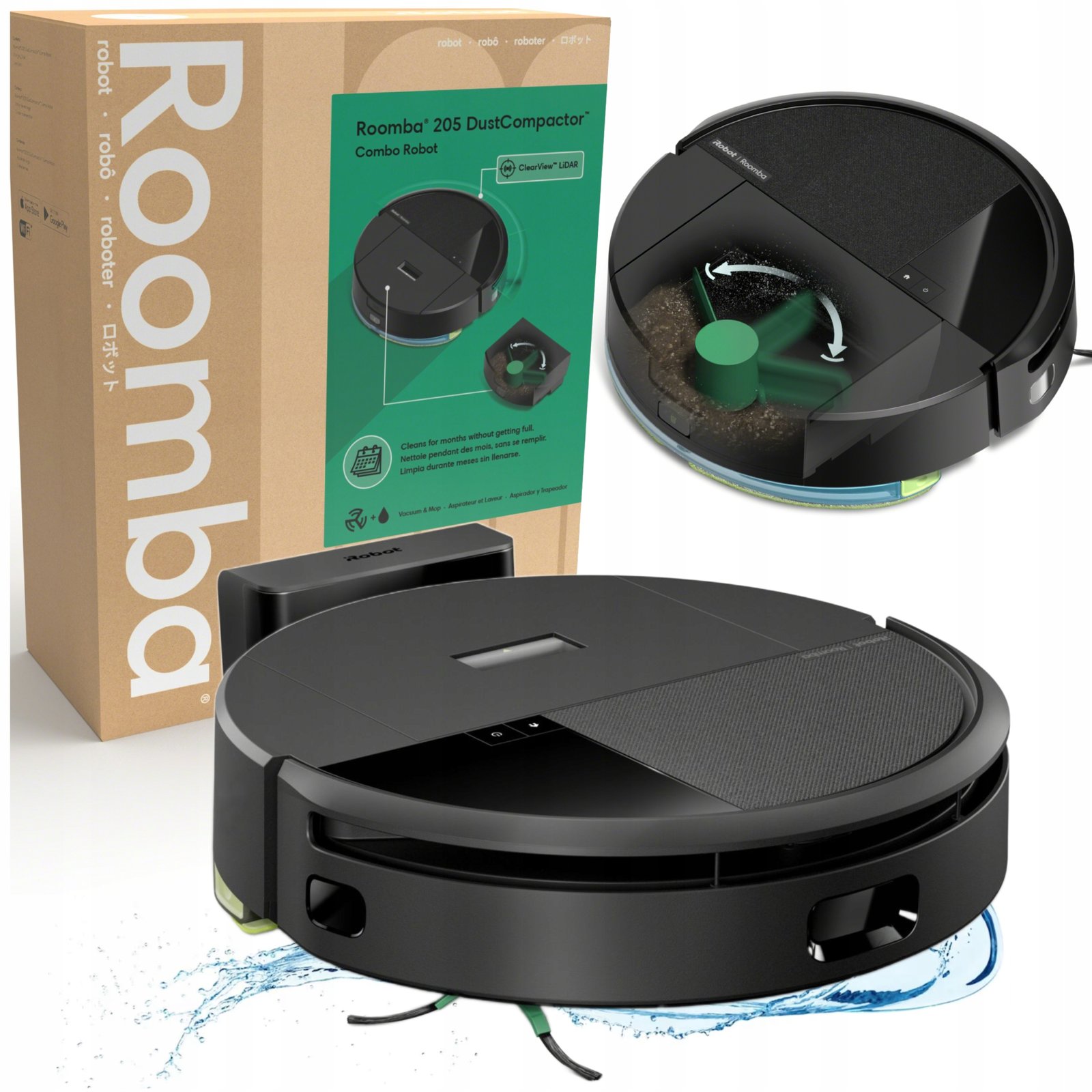 Robot-sprzatajacy-mopujacy-iRobot-Roomba-205-DustCompactor-Combo-OUTLET - Radau Viska Roomba box and a black robotic vacuum sitting on a white surface, with a green label on the box visible.