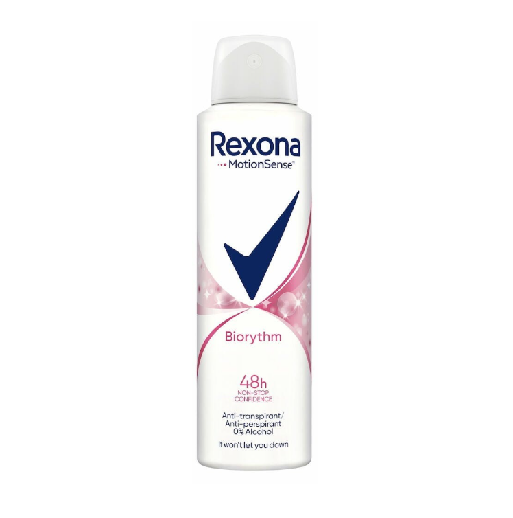 Rexona Biorythm MotionSense antiperspirant spray bottle with pink design and 48h protection.