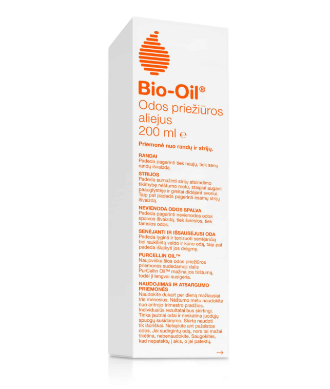 Tall white Bio-Oil product box with orange logo and Lithuanian text, 200 ml.