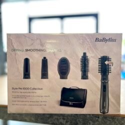 Box of BaByliss Style Pro 1000 Collection hair styling set with brushes and attachments visible front.