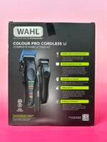 Wahl Colour Pro Cordless Li haircutting kit box on a pink background, showing the clippers with color-coded guards at the bottom left.