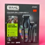 Box for Wahl Colour Pro cordless Li hair cutting kit on a pink background, showing branding and product image