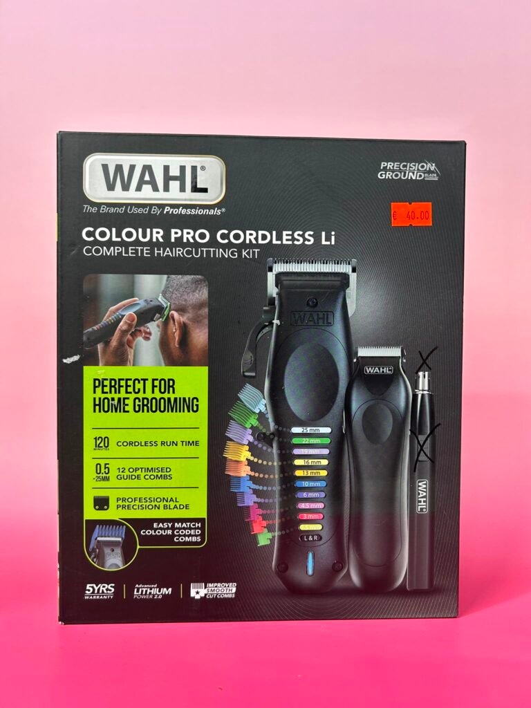 Box for Wahl Colour Pro cordless Li hair cutting kit on a pink background, showing branding and product image