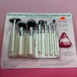Makeup brush set in a clear plastic case on a pink background, with a light blue header showing 'Signature Makeup Tools Set' text.