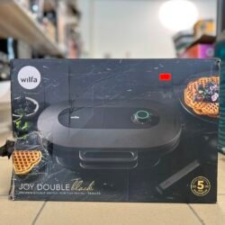 Box for Wilfa Joy Double Black premium double waffle iron, featuring a waffle image on the side.