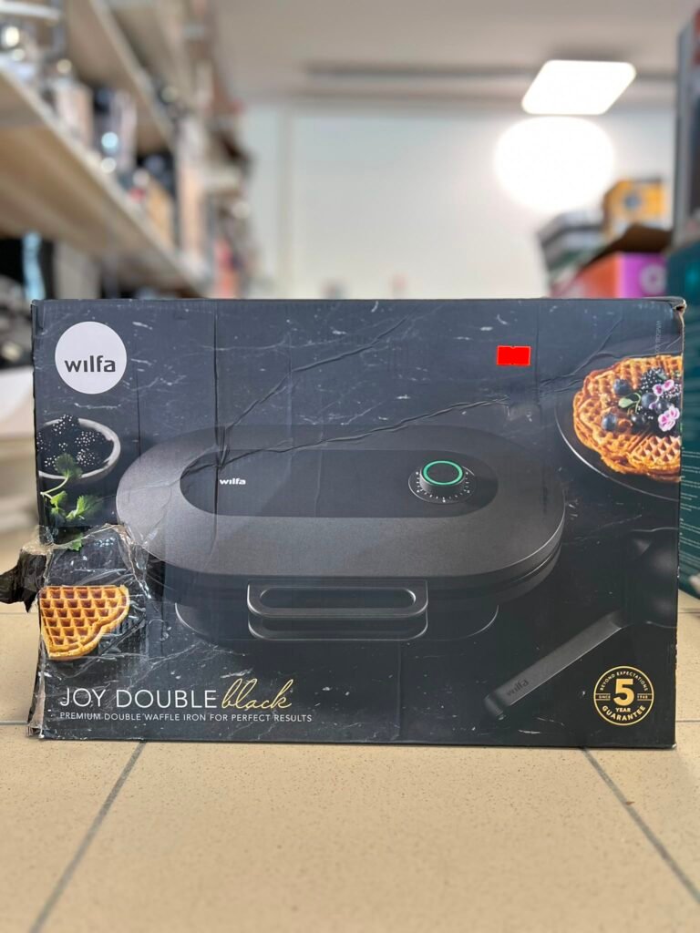 Box for Wilfa Joy Double Black premium double waffle iron, featuring a waffle image on the side.
