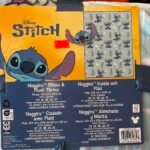 Disney Stitch plush toy packaging with orange background and a silicone Stitch graphic; price tag shows 25.00 and a patterned insert with Stitch images on gray panel
