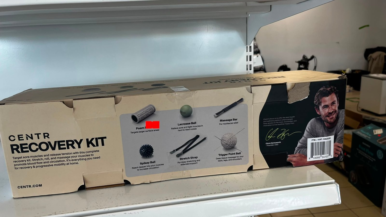 WhatsApp Image 2026-07-31 at 125437 - Radau Viska Box labeled 'Centr Recovery Kit' on a store shelf, with illustrations of foam roller, lacrosse ball, and massage bar.
