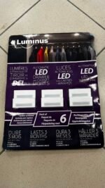 Packaging for Luminus automatic LED drawer lights, showing six white rectangular LED modules on a purple background suitable for drawers or cabinets assets.