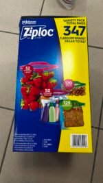 Ziploc variety pack box with blue and yellow panels, showing strawberries and different bag sizes (52 large, 50 medium, 125 sandwich).