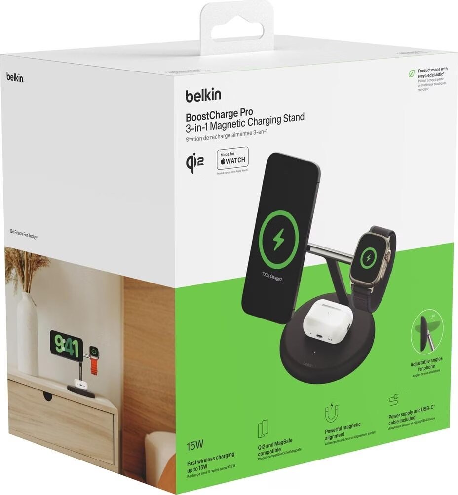 Boxed Belkin BoostCharge Pro 3-in-1 magnetic charging stand packaging with image of a wireless charger and devices (phone, Apple Watch, AirPods) on a green accent panel; shows 15W fast wireless charging and compatible components.