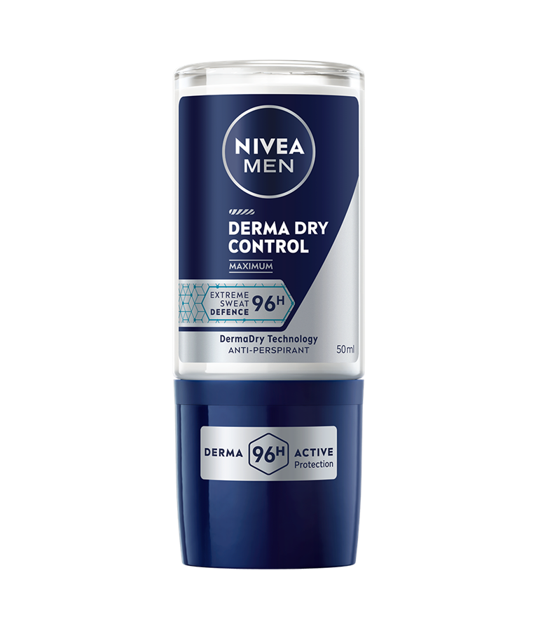NIVEA Men Derma Dry Control anti‑perspirant deodorant roll‑on bottle with blue and silver packaging (50 ml).