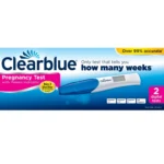 Clearblue pregnancy test box showing 'Pregnancy Test with Weeks Indicator' and '2 digital tests' on a blue gradient background