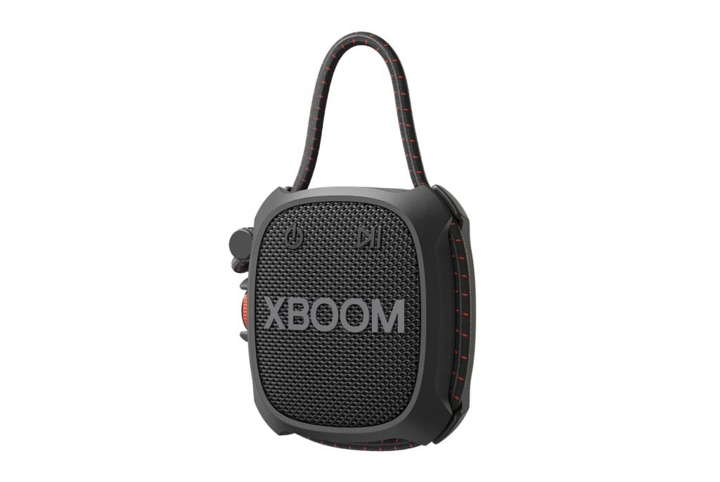 Portable black XBOOM speaker with a braided carry handle and textured front grille