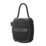 Portable black XBOOM speaker with a braided carry handle and textured front grille