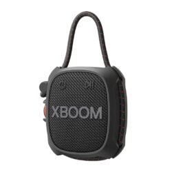Portable black XBOOM speaker with a braided carry handle and textured front grille