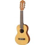 Full view of a classical guitar with nylon strings, a light wood top, darker sides, and six metal tuning pegs on the headstock.