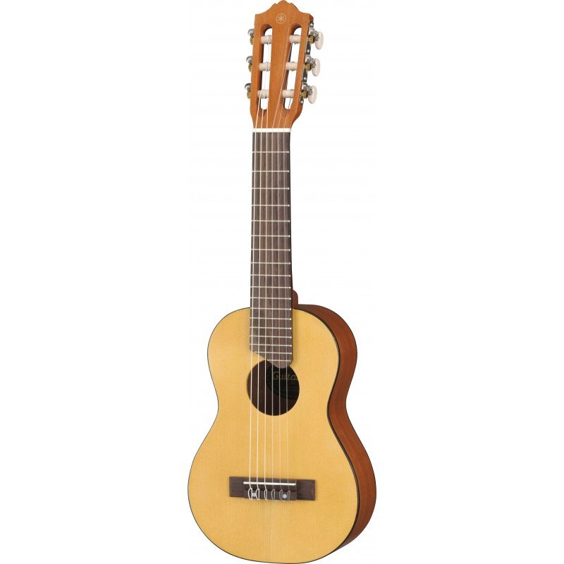 Full view of a classical guitar with nylon strings, a light wood top, darker sides, and six metal tuning pegs on the headstock.