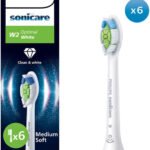 Packaging for Philips Sonicare W2 Optimal White brush heads, six heads included, with one brush head shown beside a handle.
