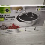 Box for GreenPan sauté pan with glass lid, ceramic non-stick coating, 6-quart capacity, shown on a light floor/counter.