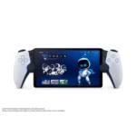 Handheld gaming console with dual white controllers on each side, displaying a blue robot character in a space-themed game on the screen.