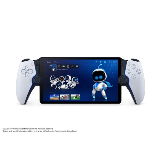 Handheld gaming console with dual white controllers on each side, displaying a blue robot character in a space-themed game on the screen.