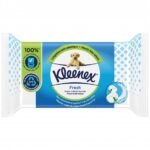 Kleenex Fresh moist toilet wipes in blue packaging with a puppy image and cotton flowers graphic.
