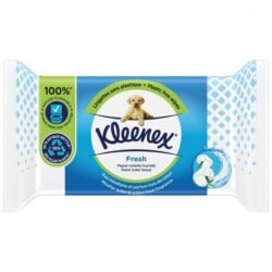 Kleenex Fresh moist toilet wipes in blue packaging with a puppy image and cotton flowers graphic.